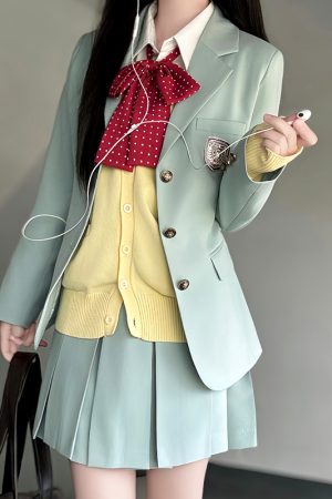 Waist-Defined Blazer Set in Ice Moss - Women's JK Uniform Style for Spring College Looks - Trendy Pudding Bear Design