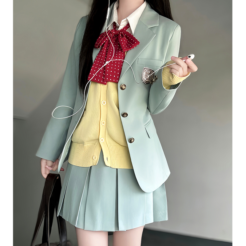 Waist-Defined Blazer Set in Ice Moss - Women's JK Uniform Style for Spring College Looks - Trendy Pudding Bear Design Waist-Defined Blazer Set in Ice Moss - Women's JK Uniform Style for Spring College Looks - Trendy Pudding Bear Design