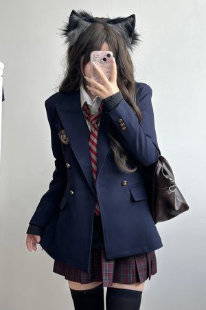 Waist-Defined Slimming JK Uniform Set for Women - Pudding Bear College Style Jacket & Skirt Outfit