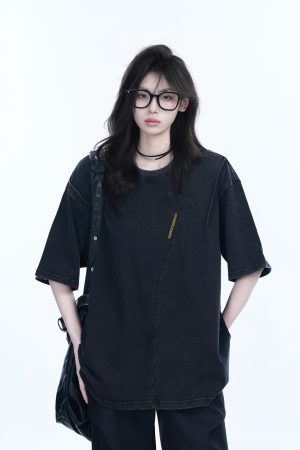 Washed Black Loose-Fit Short Sleeve T-Shirt for Women with Embroidered Half Sleeves â€“ American Street Style, Casual 90s Aesthetic