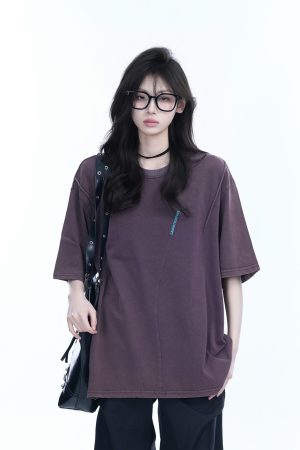 Washed Black Loose-Fit Short Sleeve T-Shirt for Women with Embroidered Half Sleeves â€“ American Street Style, Casual 90s Aesthetic