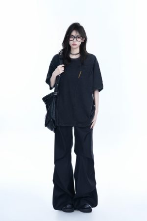 Washed Black Loose-Fit Short Sleeve T-Shirt for Women with Embroidered Half Sleeves â€“ American Street Style, Casual 90s Aesthetic