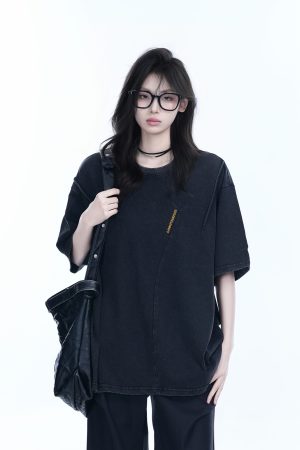Washed Black Loose-Fit Short Sleeve T-Shirt for Women with Embroidered Half Sleeves â€“ American Street Style, Casual 90s Aesthetic