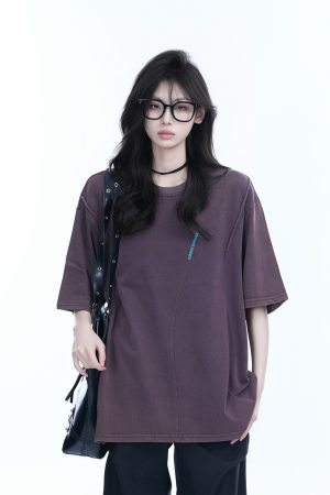 Washed Black Loose-Fit Short Sleeve T-Shirt for Women with Embroidered Half Sleeves â€“ American Street Style, Casual 90s Aesthetic