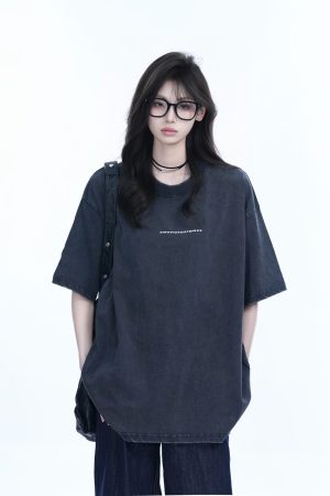 Washed Distressed Short Sleeve T-Shirt for Women - American Street Style with Unique Loose Round Neck