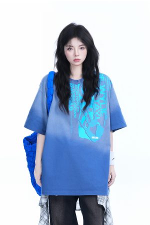 Washed Gradient Short Sleeve T-Shirt for Women - Loose Fit, Trendy American High Street Style, Casual Graphic Tee