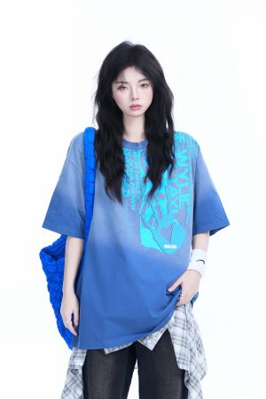 Washed Gradient Short Sleeve T-Shirt for Women - Loose Fit, Trendy American High Street Style, Casual Graphic Tee