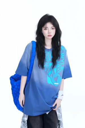 Washed Gradient Short Sleeve T-Shirt for Women - Loose Fit, Trendy American High Street Style, Casual Graphic Tee