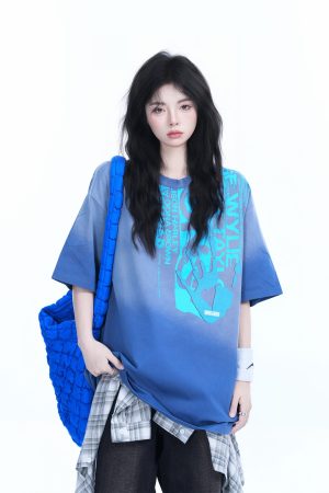 Washed Gradient Short Sleeve T-Shirt for Women - Loose Fit, Trendy American High Street Style, Casual Graphic Tee