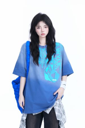 Washed Gradient Short Sleeve T-Shirt for Women - Loose Fit, Trendy American High Street Style, Casual Graphic Tee