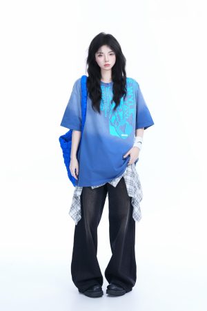 Washed Gradient Short Sleeve T-Shirt for Women - Loose Fit, Trendy American High Street Style, Casual Graphic Tee