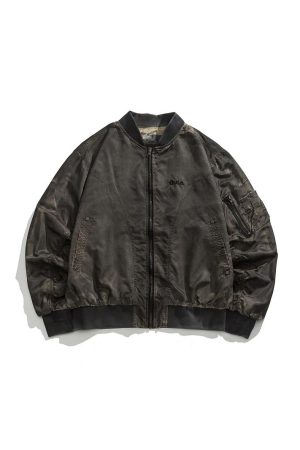 Wasteland Style Flight Jacket - Unisex Loose Baseball Jacket in Dirty Color, American Streetwear for Couples, Trendy 90s Fashion