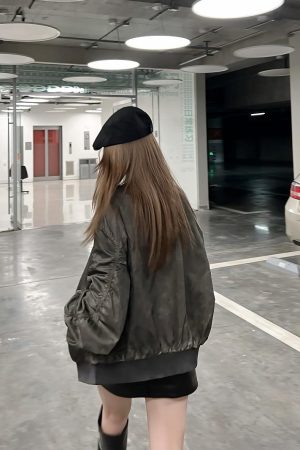 Wasteland Style Flight Jacket - Unisex Loose Baseball Jacket in Dirty Color, American Streetwear for Couples, Trendy 90s Fashion