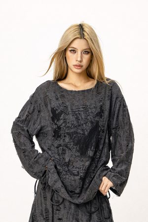 Wasteland Style Ripped Hoodie - Long Sleeve Drawstring Jazz Dance Top for Hot Girls - Casual Loose Fit