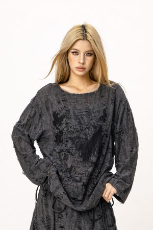 Wasteland Style Ripped Hoodie - Long Sleeve Drawstring Jazz Dance Top for Hot Girls - Casual Loose Fit