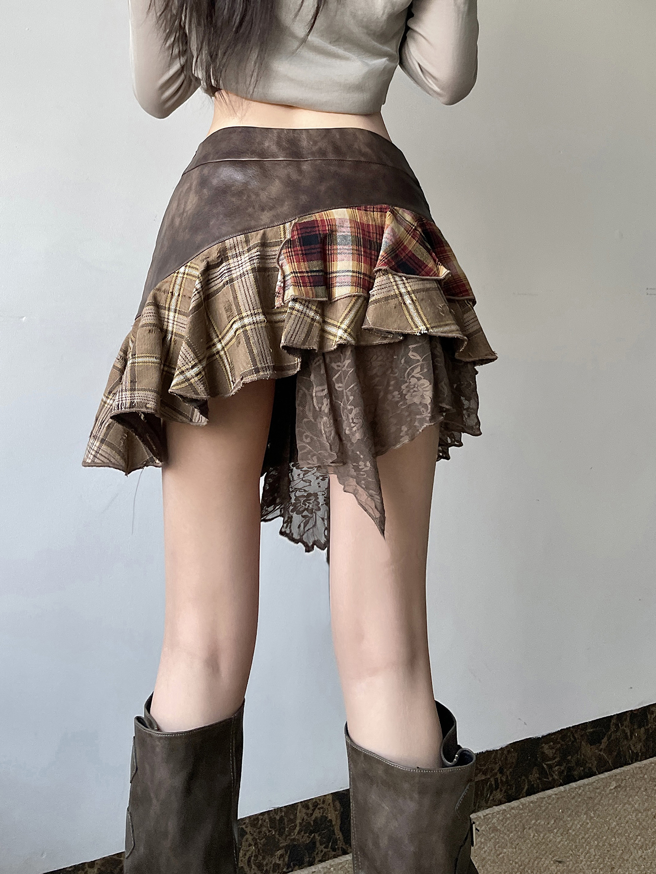 Wasteland Ultra-Complex Splicing Design Half Skirt for Women - Irregular Checkered Niche Pleated Skirt, Y2K Fashion Wasteland Ultra-Complex Splicing Design Half Skirt for Women - Irregular Checkered Niche Pleated Skirt, Y2K Fashion