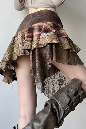 Wasteland Ultra-Complex Splicing Design Half Skirt for Women - Irregular Checkered Niche Pleated Skirt, Y2K Fashion