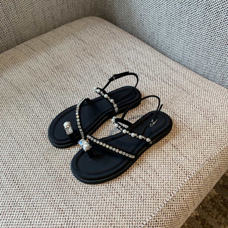 Water Drill Pearl Toe-Post Flat Sandals for Women - 2025 Summer Fairy Temperament Versatile Roman Style Shoes Water Drill Pearl Toe-Post Flat Sandals for Women - 2025 Summer Fairy Temperament Versatile Roman Style Shoes