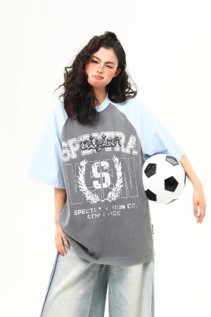 Water-Washed Heavyweight Color-Blocked Raglan Short Sleeve T-Shirt for Women - Trendy Summer Loose Fit Tee, Casual Couple Style