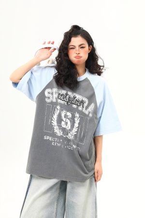 Water-Washed Heavyweight Color-Blocked Raglan Short Sleeve T-Shirt for Women - Trendy Summer Loose Fit Tee, Casual Couple Style