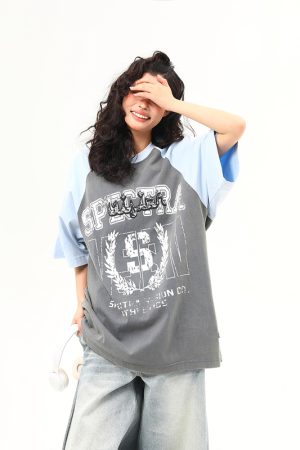 Water-Washed Heavyweight Color-Blocked Raglan Short Sleeve T-Shirt for Women - Trendy Summer Loose Fit Tee, Casual Couple Style