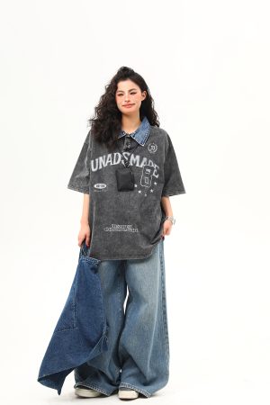 Water-Washed Heavyweight Denim Collar Short Sleeve T-Shirt for Men and Women - Summer American Retro Trendy Tee