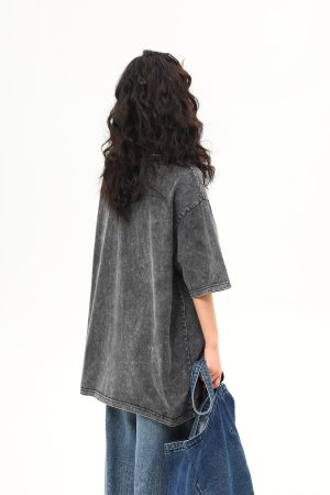 Water-Washed Heavyweight Denim Collar Short Sleeve T-Shirt for Men and Women - Summer American Retro Trendy Tee