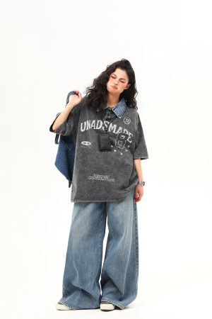 Water-Washed Heavyweight Denim Collar Short Sleeve T-Shirt for Men and Women - Summer American Retro Trendy Tee