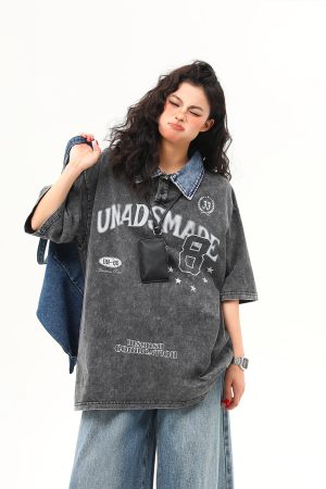 Water-Washed Heavyweight Denim Collar Short Sleeve T-Shirt for Men and Women - Summer American Retro Trendy Tee