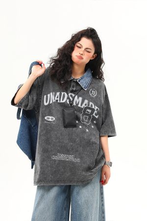 Water-Washed Heavyweight Denim Collar Short Sleeve T-Shirt for Men and Women - Summer American Retro Trendy Tee