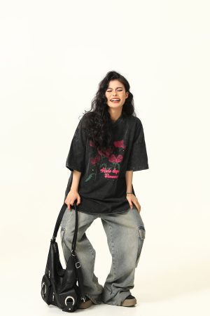 Water Washed Vintage Rose Print Short Sleeve T-Shirt for Men and Women - Summer Loose Trendy Streetwear Couple Top