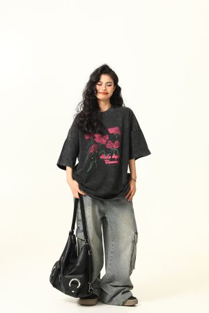 Water Washed Vintage Rose Print Short Sleeve T-Shirt for Men and Women - Summer Loose Trendy Streetwear Couple Top