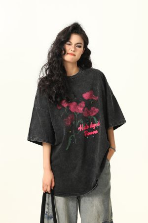 Water Washed Vintage Rose Print Short Sleeve T-Shirt for Men and Women - Summer Loose Trendy Streetwear Couple Top