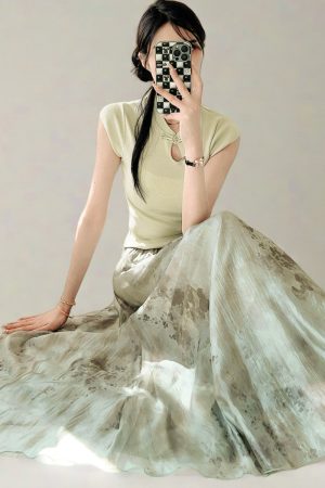 Watercolor Ink Print Large Swing Half-Length Skirt with Cicada Wing Texture - Green Women's Summer 2025 Gradient Printed Long Skirt