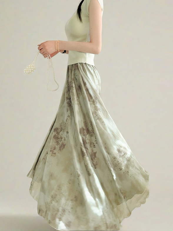 Watercolor Ink Print Large Swing Half-Length Skirt with Cicada Wing Texture - Green Women's Summer 2025 Gradient Printed Long Skirt Watercolor Ink Print Large Swing Half-Length Skirt with Cicada Wing Texture - Green Women's Summer 2025 Gradient Printed Long Skirt