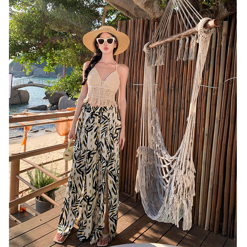 Watercolor Printed Wide-Leg Pants - Ethnic Resort Beach Style, Chiffon Fabric, Thai Skirt Design for Vacation & Summer Outfits Watercolor Printed Wide-Leg Pants - Ethnic Resort Beach Style, Chiffon Fabric, Thai Skirt Design for Vacation & Summer Outfits