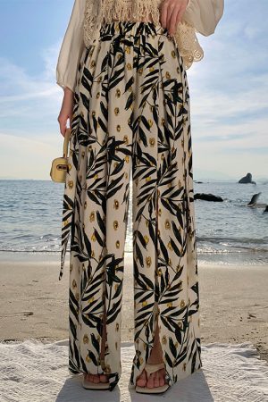 Watercolor Printed Wide-Leg Pants - Ethnic Resort Beach Style, Chiffon Fabric, Thai Skirt Design for Vacation & Summer Outfits