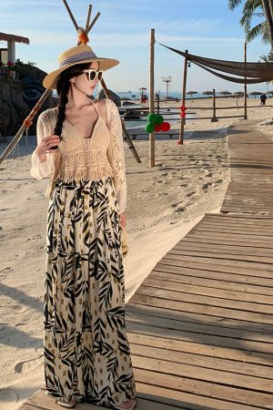 Watercolor Printed Wide-Leg Pants - Ethnic Resort Beach Style, Chiffon Fabric, Thai Skirt Design for Vacation & Summer Outfits