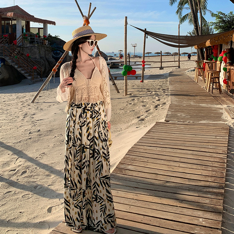 Watercolor Printed Wide-Leg Pants - Ethnic Resort Beach Style, Chiffon Fabric, Thai Skirt Design for Vacation & Summer Outfits Watercolor Printed Wide-Leg Pants - Ethnic Resort Beach Style, Chiffon Fabric, Thai Skirt Design for Vacation & Summer Outfits