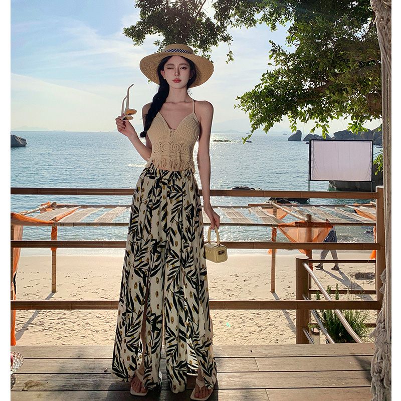 Watercolor Printed Wide-Leg Pants - Ethnic Resort Beach Style, Chiffon Fabric, Thai Skirt Design for Vacation & Summer Outfits Watercolor Printed Wide-Leg Pants - Ethnic Resort Beach Style, Chiffon Fabric, Thai Skirt Design for Vacation & Summer Outfits