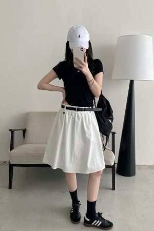 White A-Line Half Skirt with Belt for Women - Summer Mid-Length Skirt, Hip-Covering Slim Fit, Trendy Sun Grapefruit Style