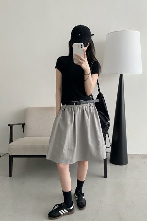 White A-Line Half Skirt with Belt for Women - Summer Mid-Length Skirt, Hip-Covering Slim Fit, Trendy Sun Grapefruit Style