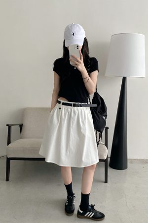 White A-Line Half Skirt with Belt for Women - Summer Mid-Length Skirt, Hip-Covering Slim Fit, Trendy Sun Grapefruit Style