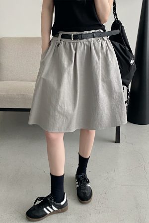 White A-Line Half Skirt with Belt for Women - Summer Mid-Length Skirt, Hip-Covering Slim Fit, Trendy Sun Grapefruit Style