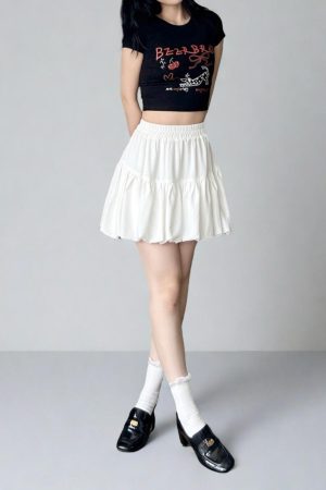 White Cloud A-Line Skirt with Anti-Exposure Lining, Floral Jellyfish Design, Summer Lantern Style, Age-Reducing Short Skirt for 25+