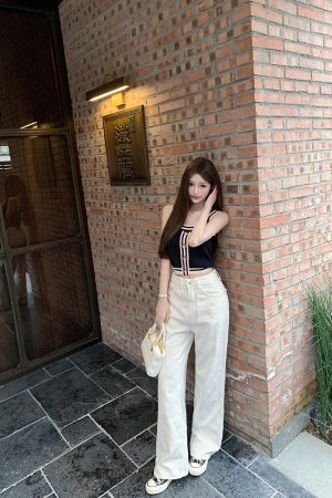 White Denim Embroidered Wide-Leg Pants - Heavy-Duty Internet Celebrity Style for Trendy 90s and Y2K Fashion