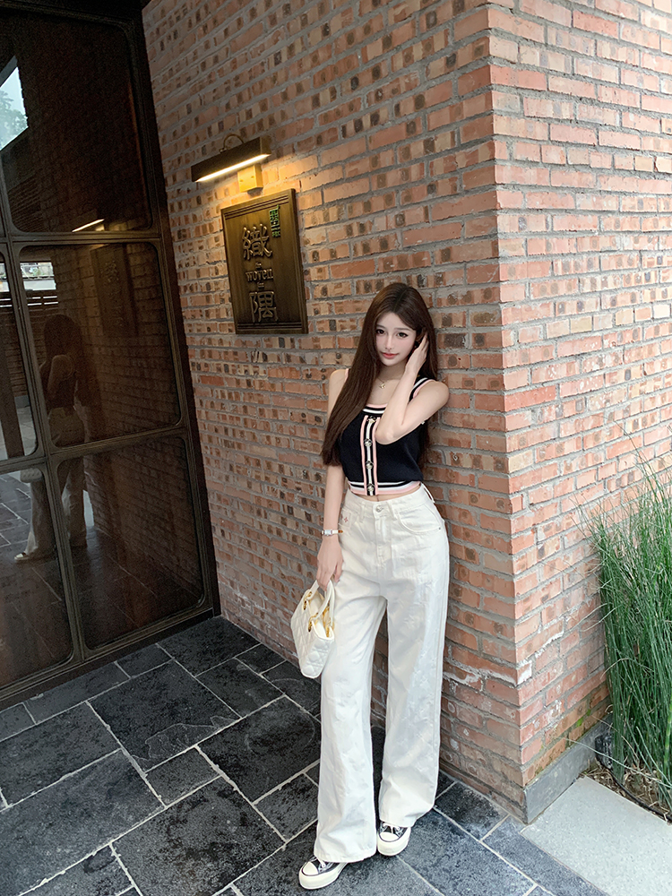 White Denim Embroidered Wide-Leg Pants - Heavy-Duty Internet Celebrity Style for Trendy 90s and Y2K Fashion White Denim Embroidered Wide-Leg Pants - Heavy-Duty Internet Celebrity Style for Trendy 90s and Y2K Fashion