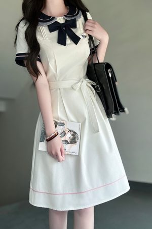 White Doll Collar Embroidered Waist-Tie Dress in College Style for Women - Summer Pudding Bear JK Uniform Inspired Fashion