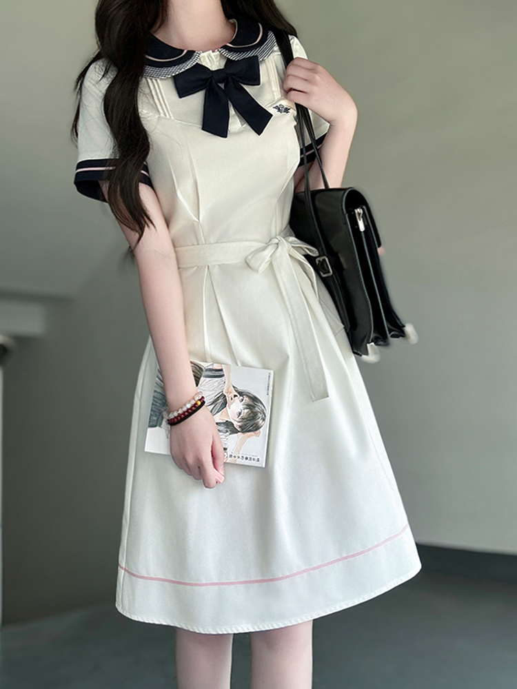 White Doll Collar Embroidered Waist-Tie Dress in College Style for Women - Summer Pudding Bear JK Uniform Inspired Fashion White Doll Collar Embroidered Waist-Tie Dress in College Style for Women - Summer Pudding Bear JK Uniform Inspired Fashion