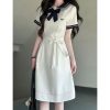 White Doll Collar Embroidered Waist-Tie Dress in College Style for Women - Summer Pudding Bear JK Uniform Inspired Fashion